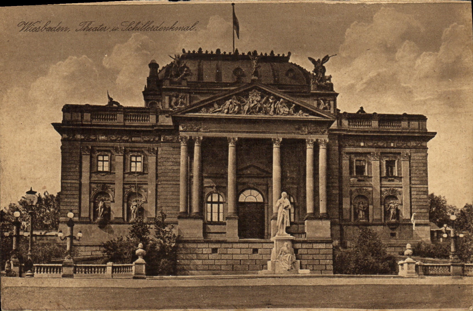 VINTAGE POSTCARD Wiesbaden Theater and Statue of Schiller