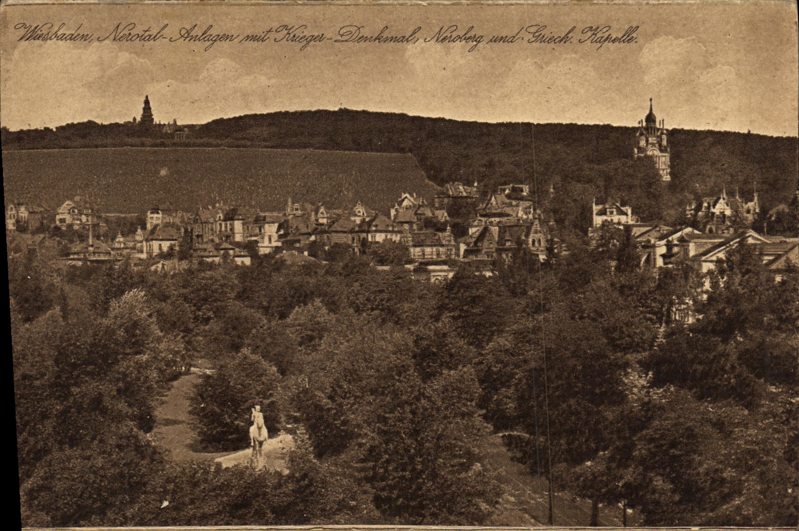 VINTAGE POSTCARD Wiesbaden Garden of the Valley of Neron With Monument of the warriors mountain of Neron and Greek vault