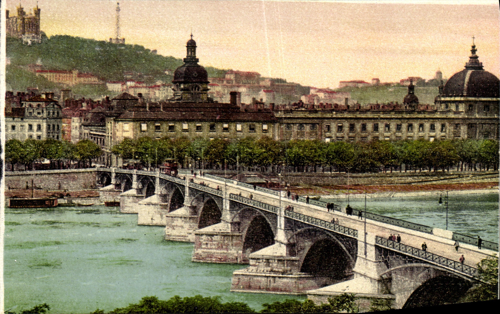 VINTAGE POSTCARD Lyon the Bridge of Guillotiere L Hotel God and the Hill of Fourviere