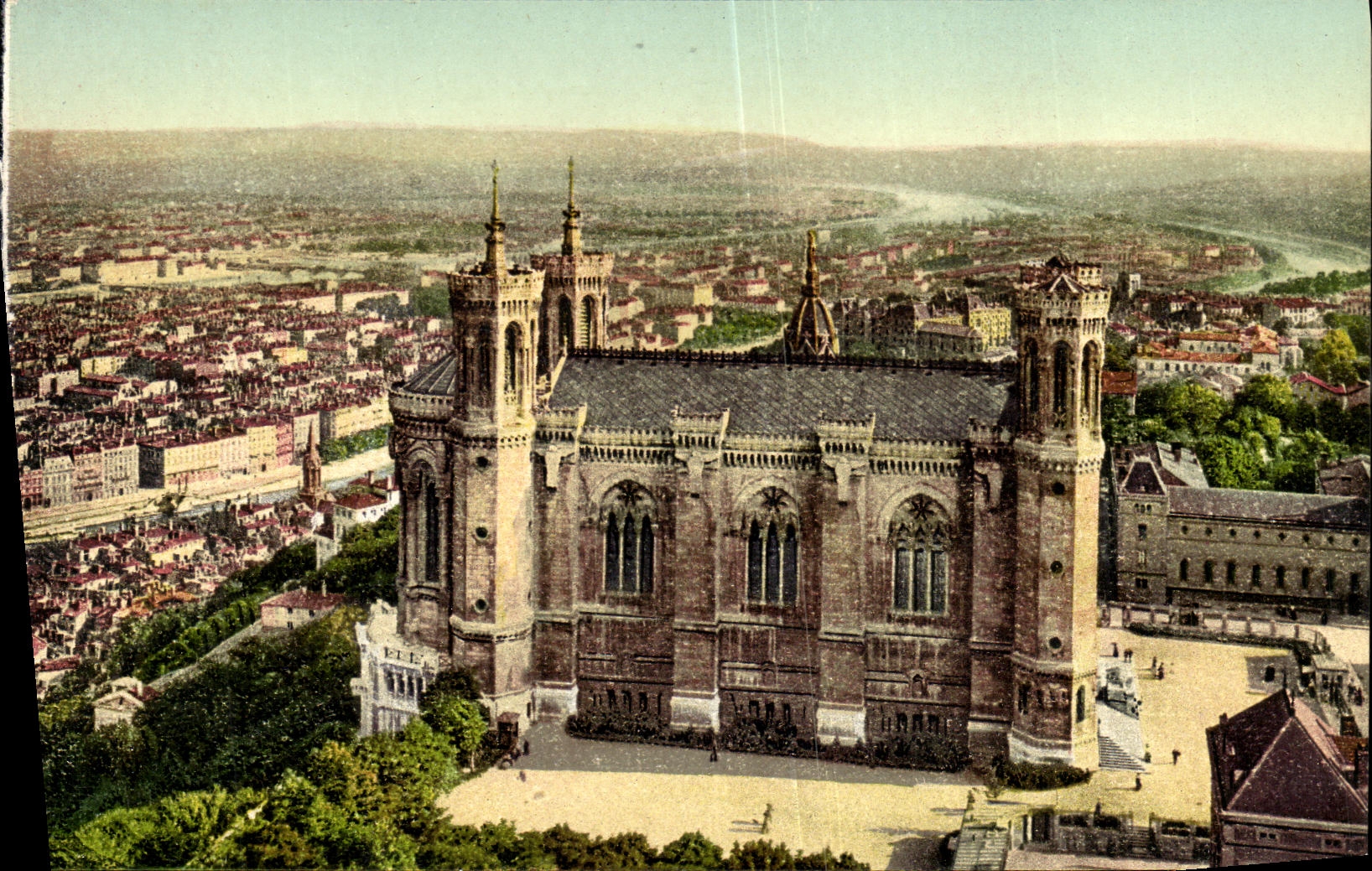 VINTAGE POSTCARD Lyon Fourviere and Panorama of Lyon taken of the metal Tower