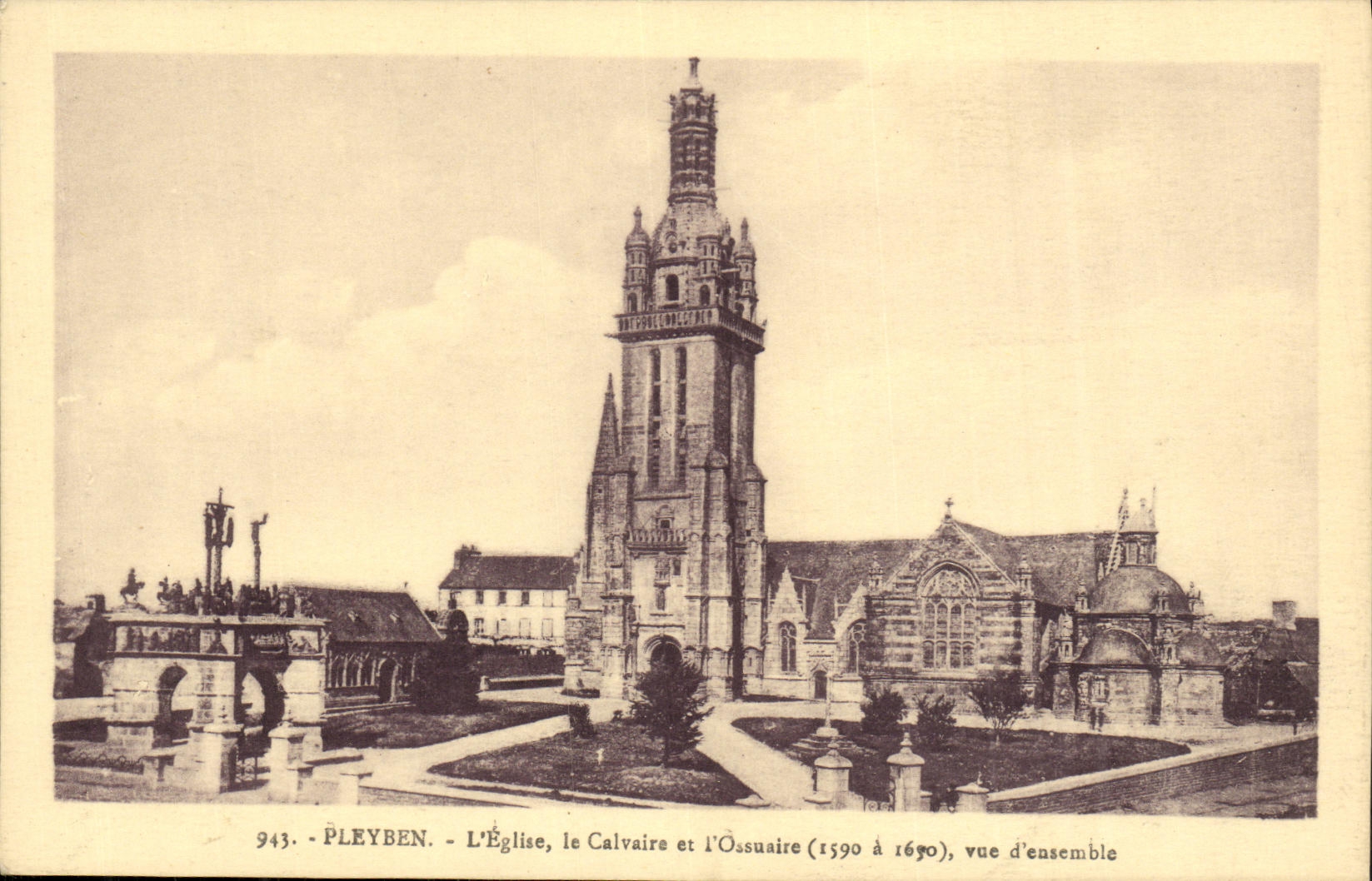 VINTAGE POSTCARD Pleyben L Church Cavaire and L ossuary Seen D together