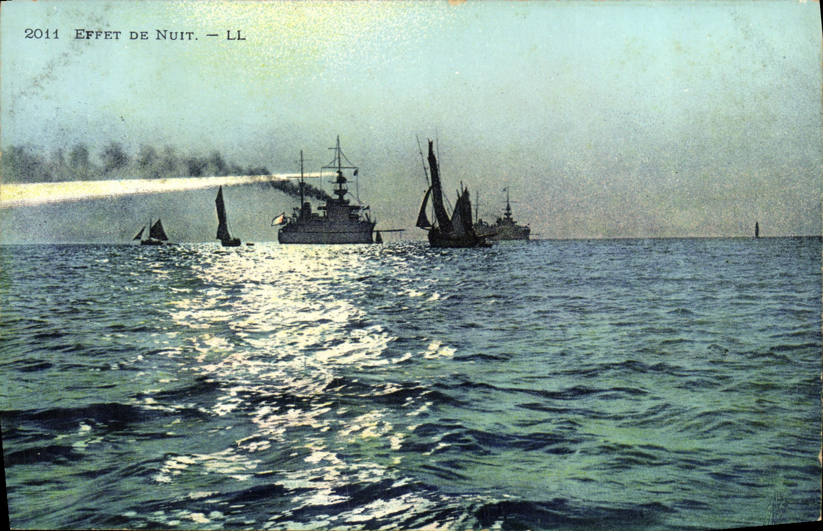 VINTAGE POSTCARD Night effect Warships