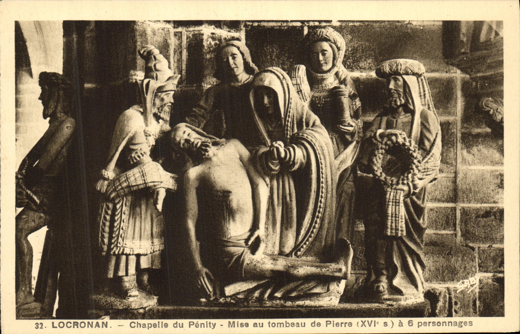 VINTAGE POSTCARD Locronan Chapelle of Penity Mise at the Tomb of Pierre has 6 characters