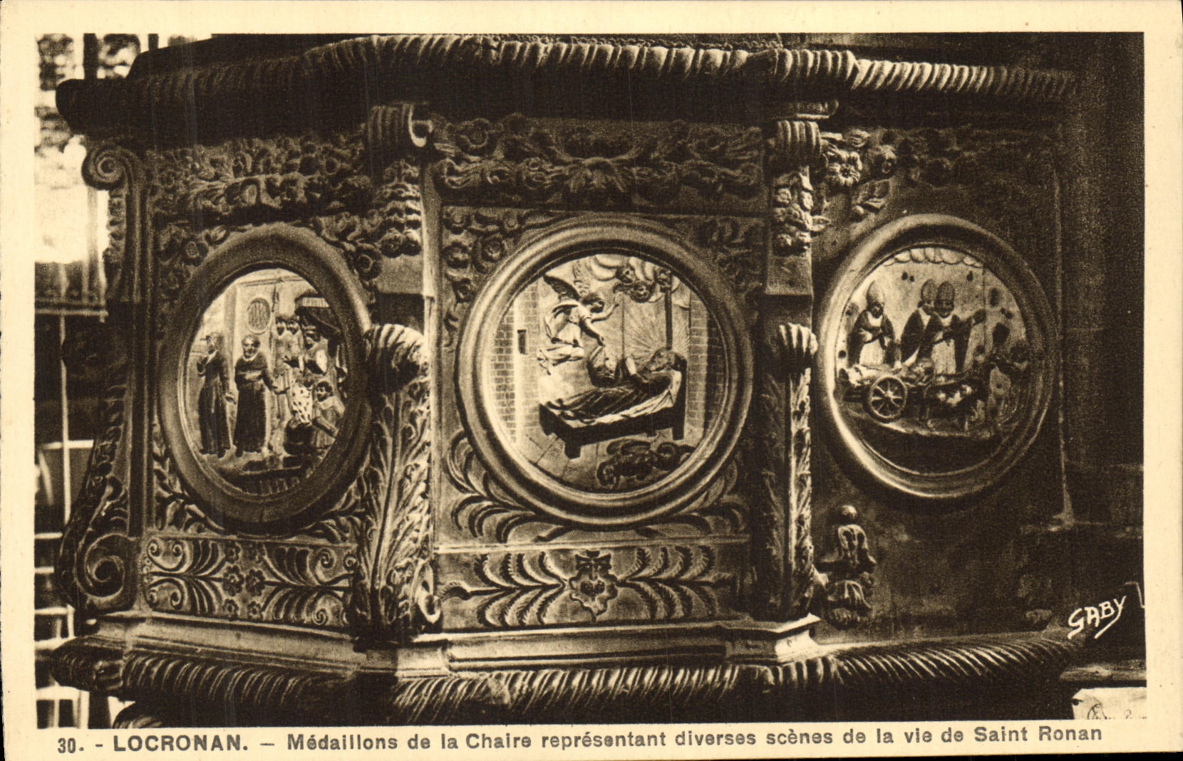 VINTAGE POSTCARD Locronan Medallions of the Pulpit Represetant Diversee Scenes of the life of Ronan Saint