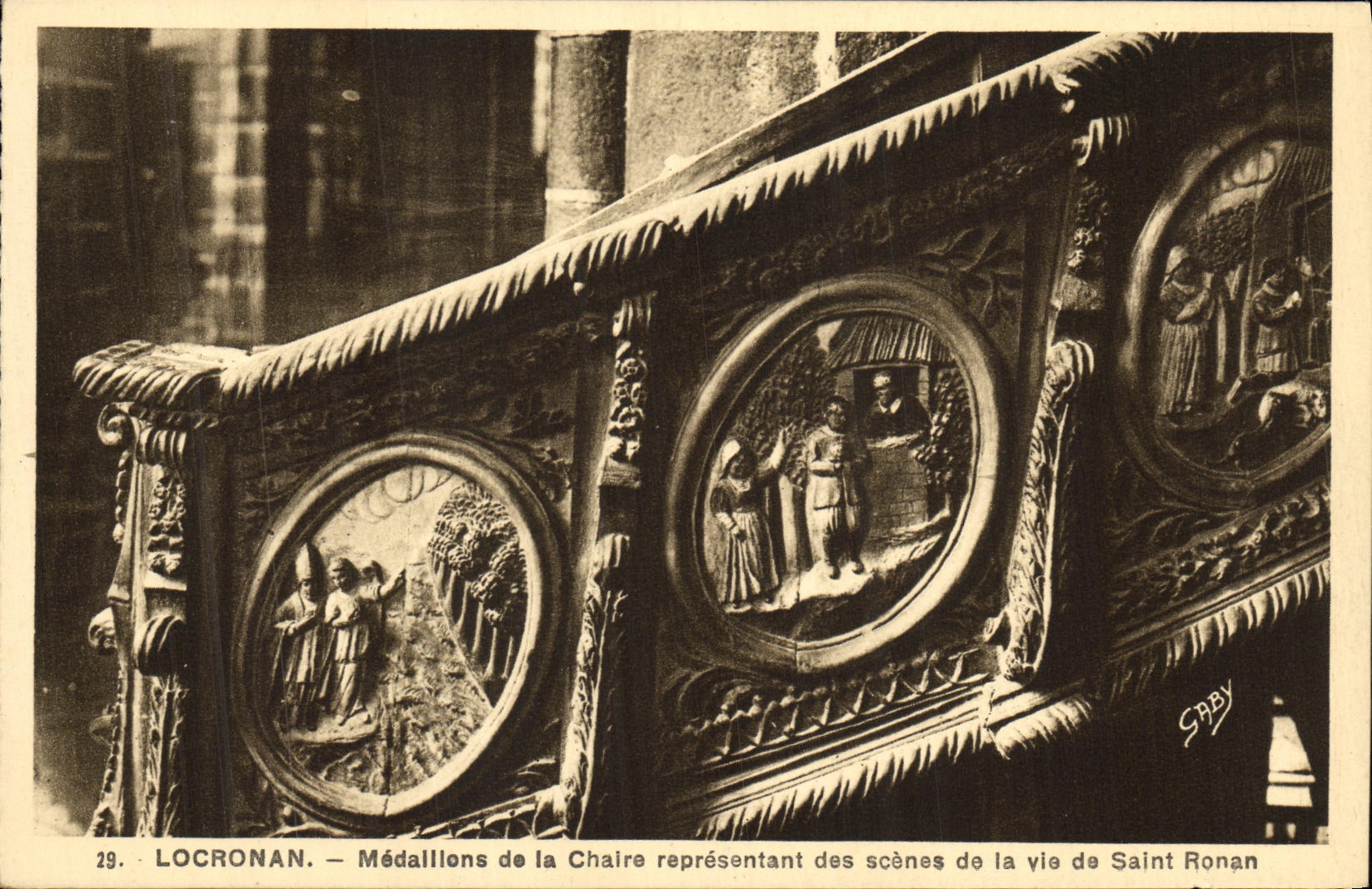VINTAGE POSTCARD Locronan Medallions of the Pulpit Representing of the scenes of the life of Ronan Saint
