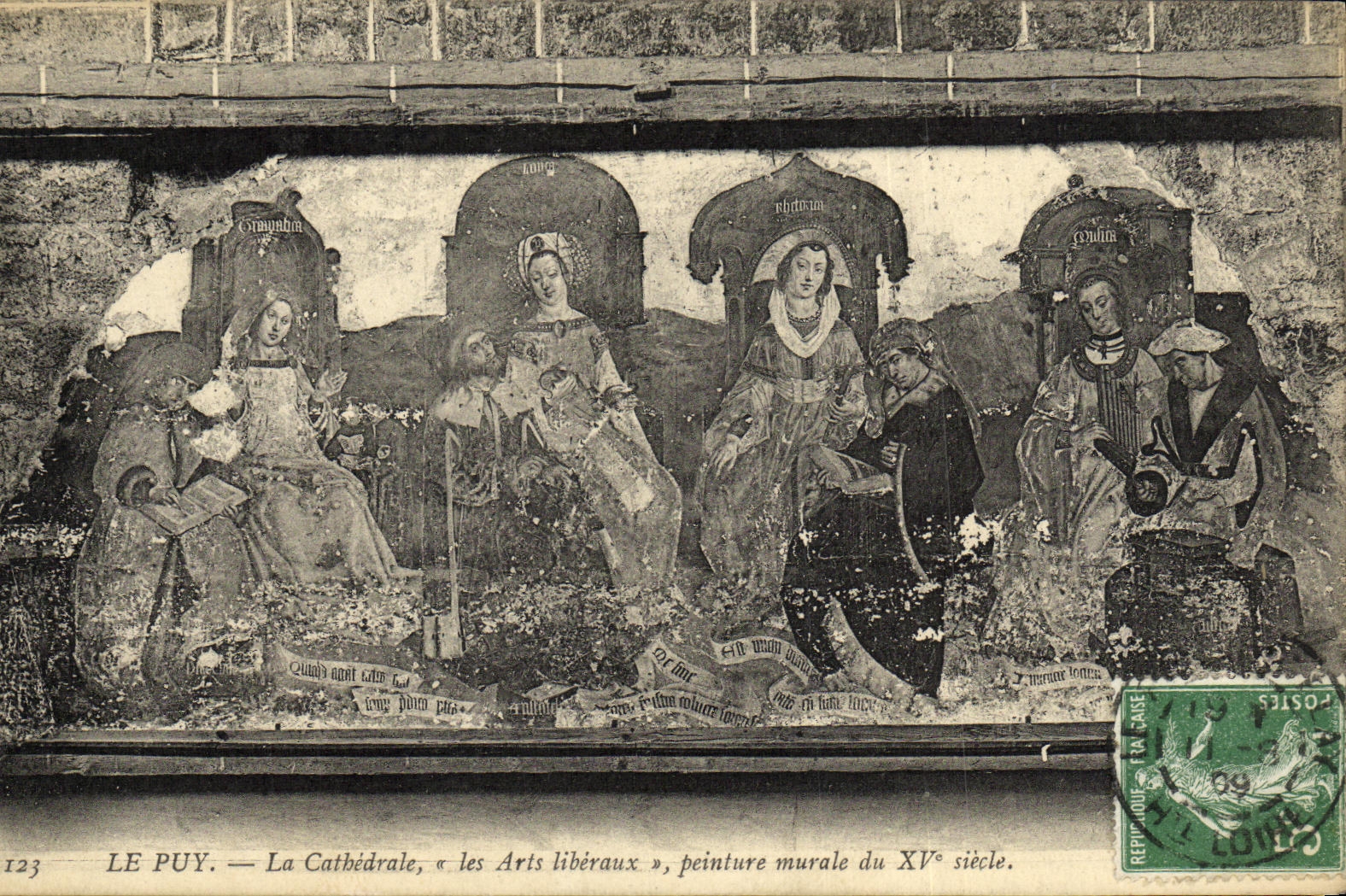 VINTAGE POSTCARD Puy Catbidrale Liberal arts mural of 15th