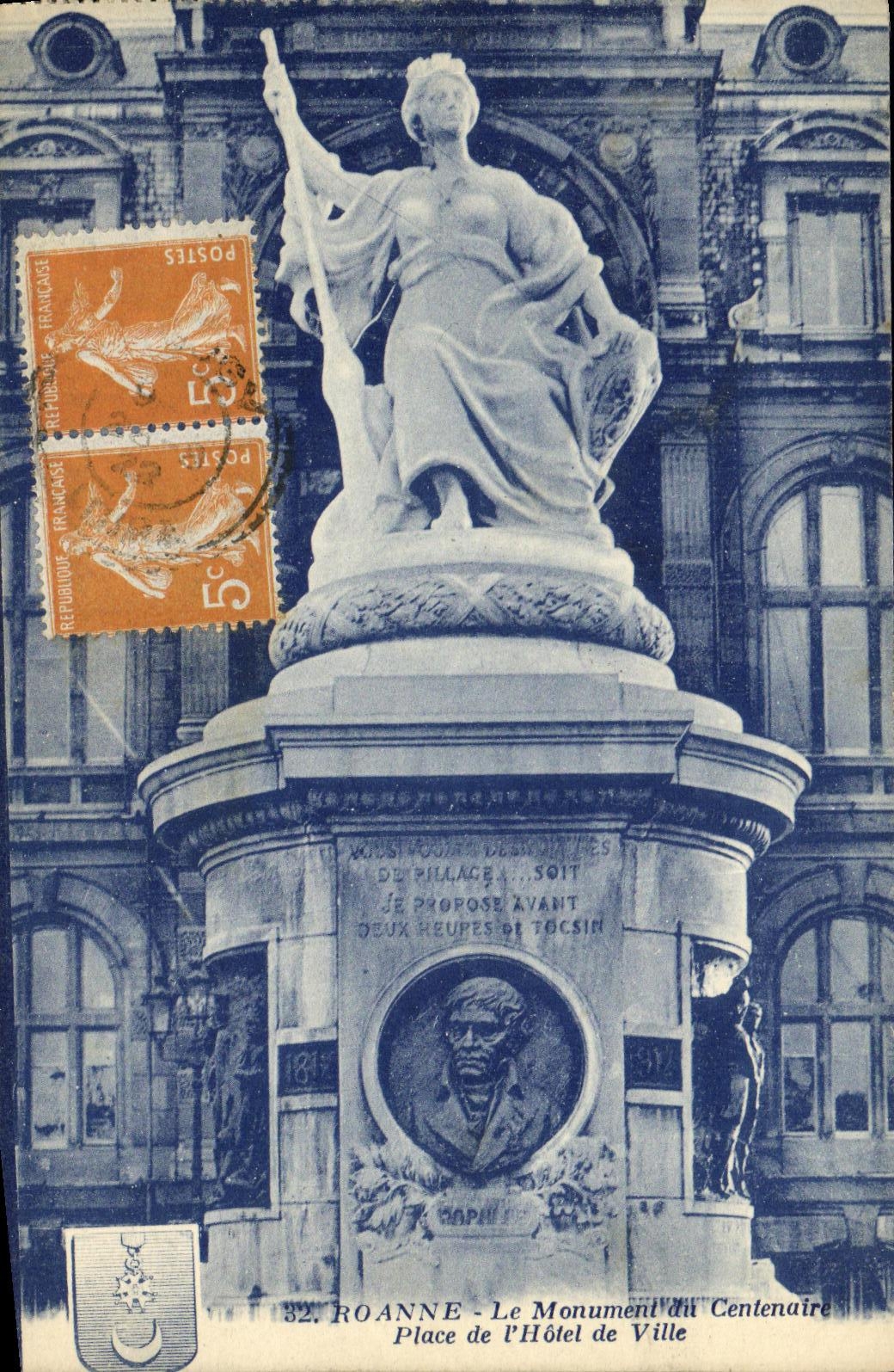 VINTAGE POSTCARD Roanne the Monument of the Centenary Places L town hall
