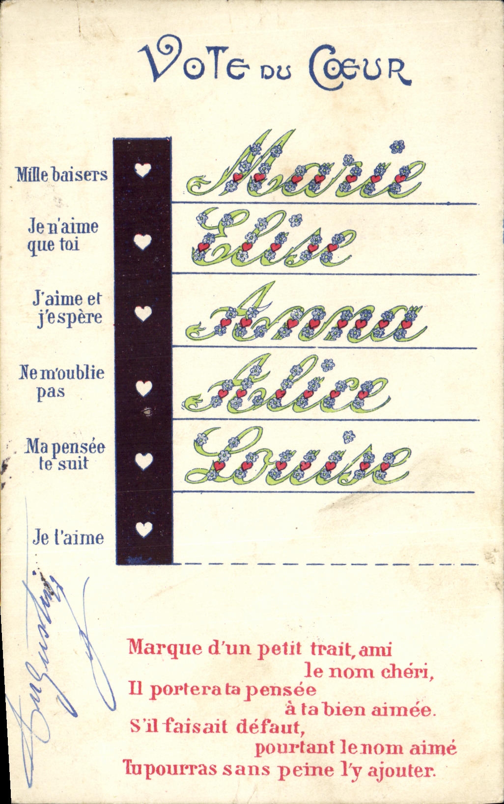 VINTAGE POSTCARD Fantaisie Votes heart Marie Elise Anna Alice Louise