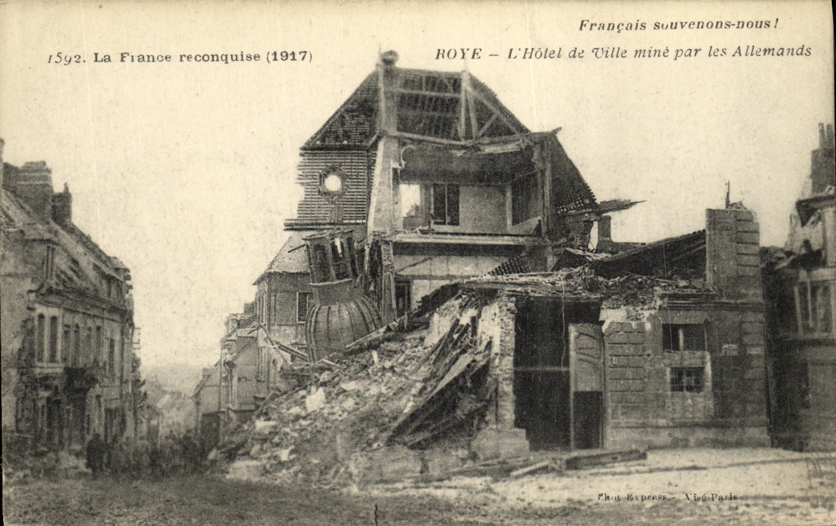 VINTAGE POSTCARD reconquered France Roye L Town hall mines by Allemans Militaria