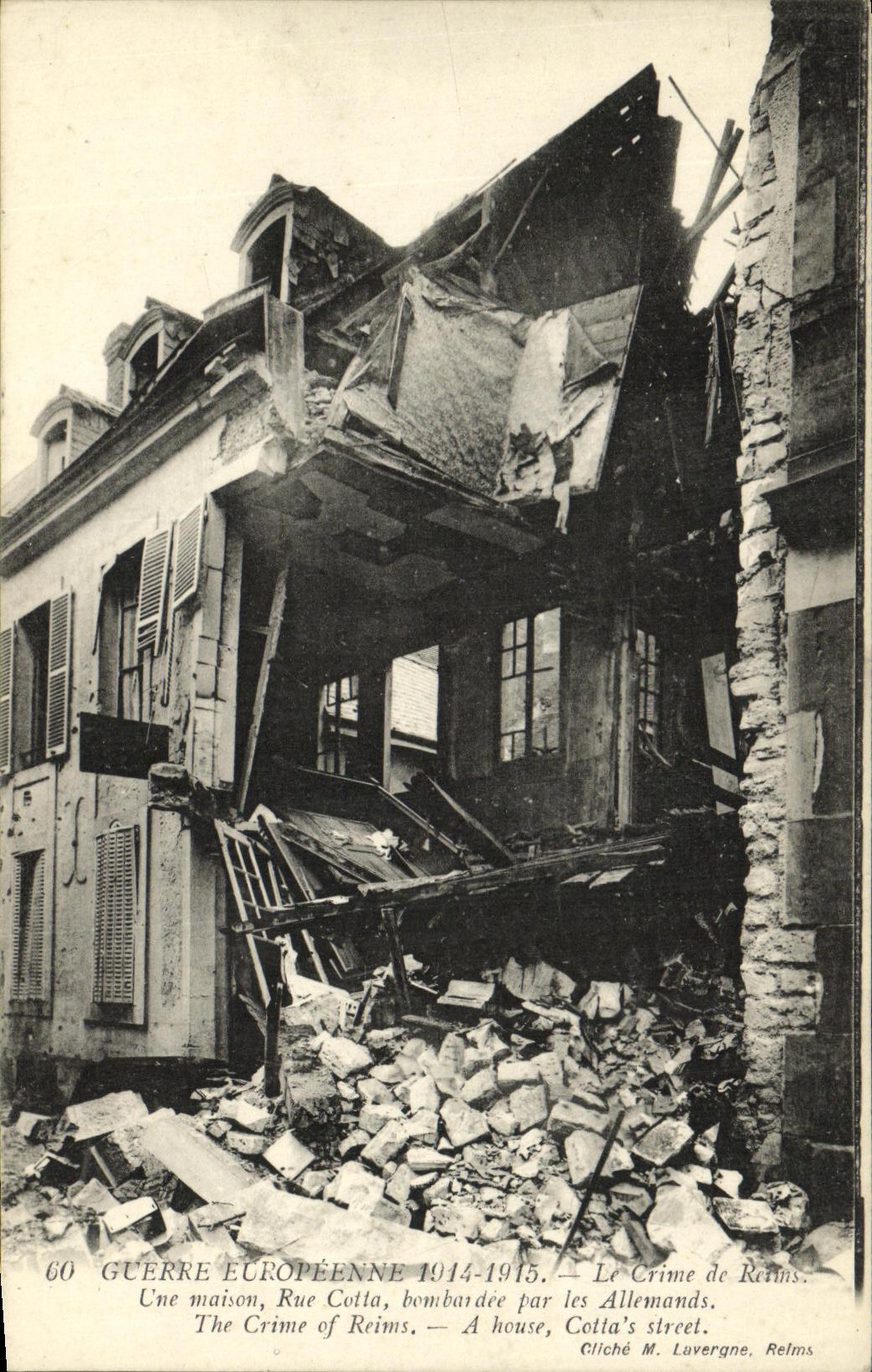 VINTAGE POSTCARD European War the Crime of Rheims a house street Cotta Militaria