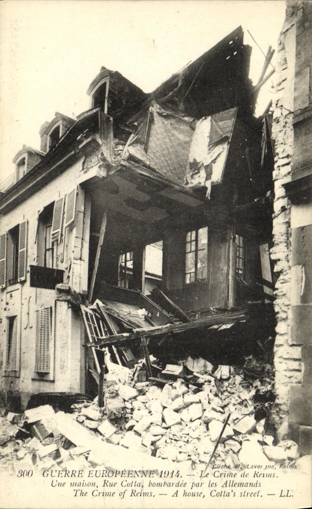 VINTAGE POSTCARD Militaria European War the Crime of Rheims a house Street Cotta Bombardee by the Germans