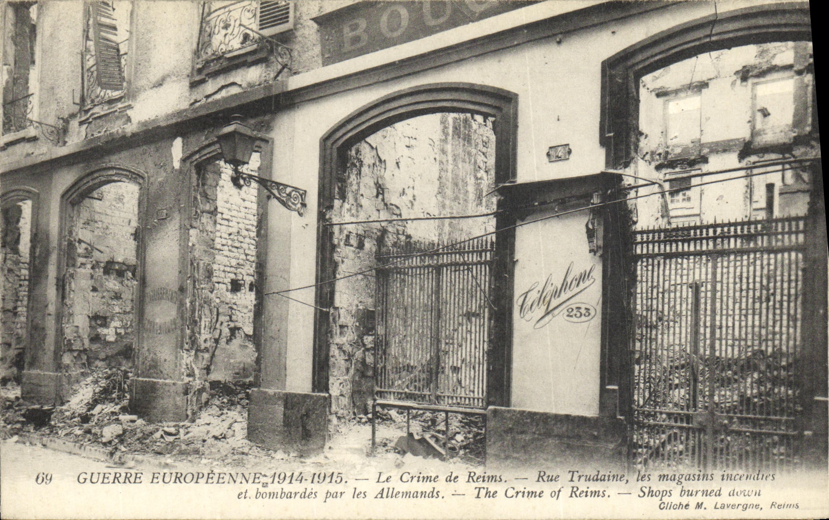 VINTAGE POSTCARD Militaria European War the Crime of Rheims Street Trudaine Stores