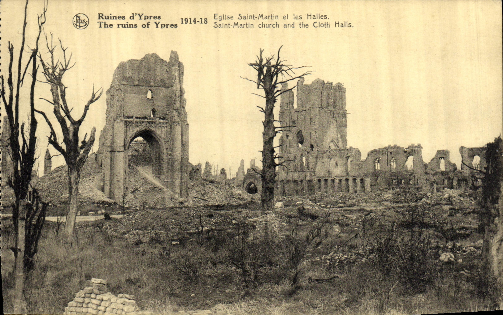 La POSTAL Militaria de la VENDIMIA arruina la iglesia santa Martin de D Ypres y mercados