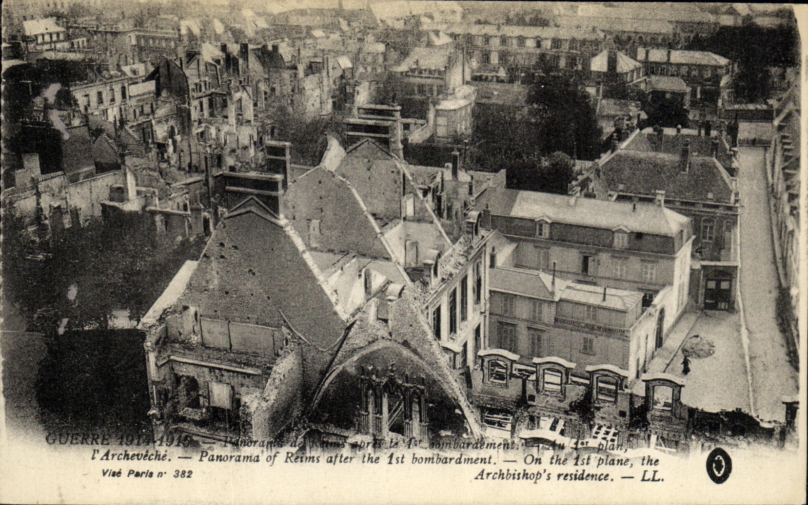 Palacio del arzobispo de los bombardeos de Militaria Reims de la POSTAL de la VENDIMIA