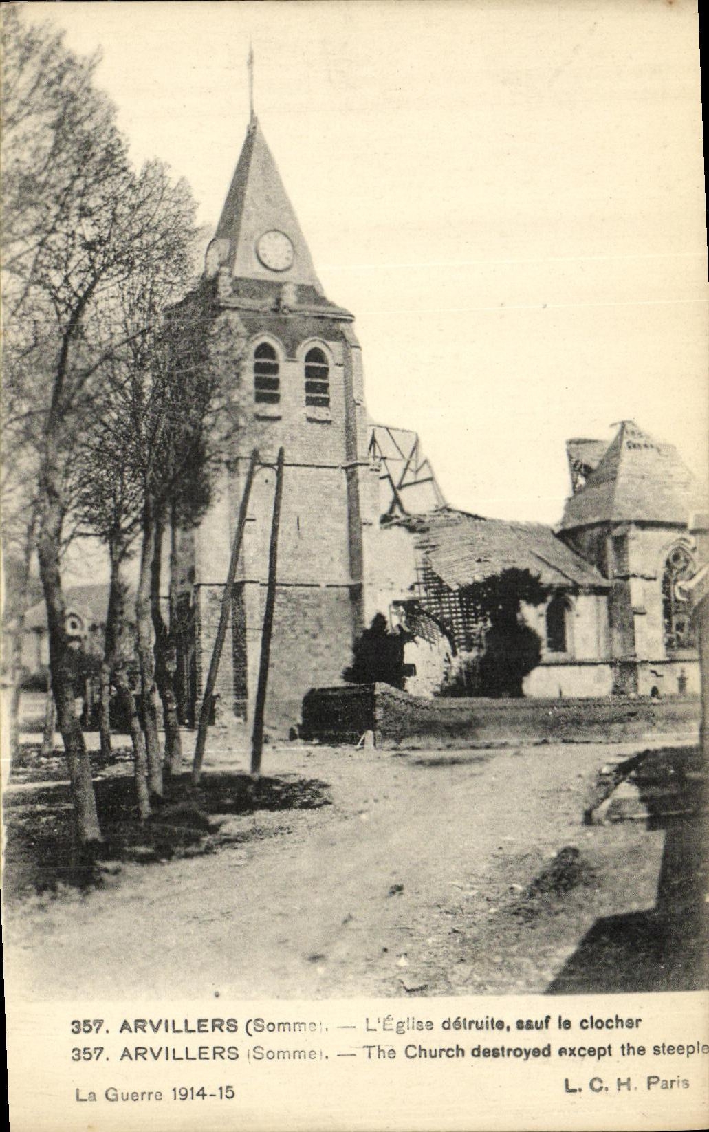 VINTAGE POSTCARD Militaria Arvillers L Church destroyed except the Bell tower