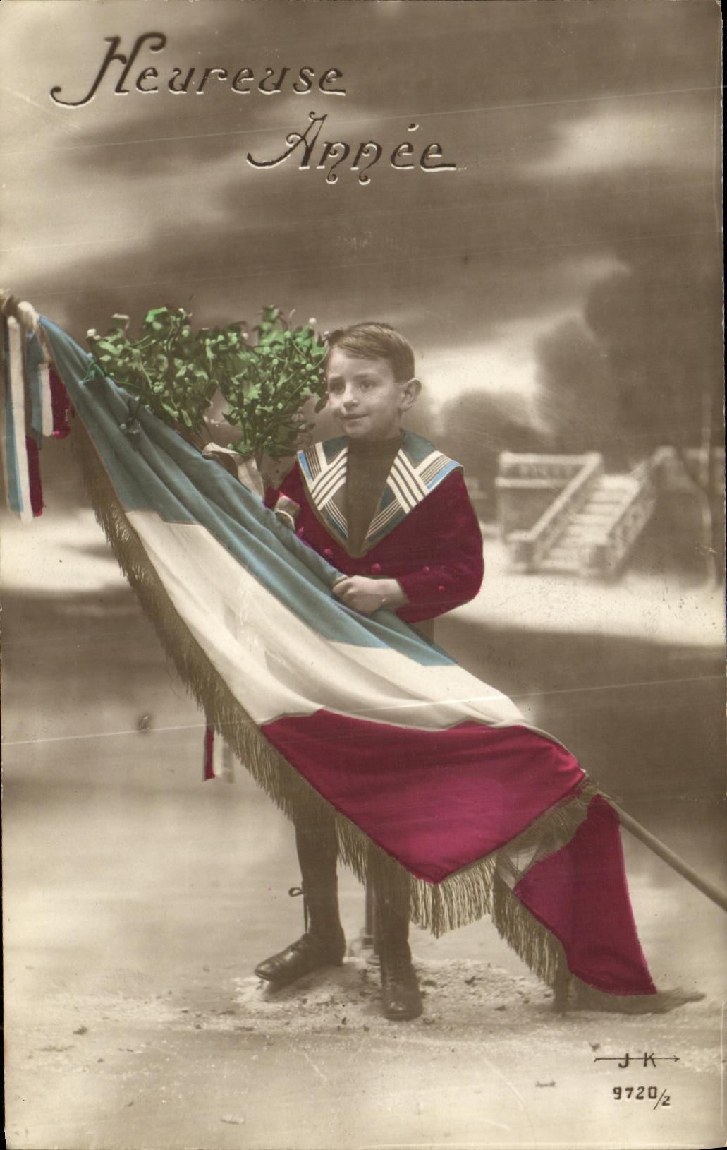 VINTAGE POSTCARD Militaria Happy Year Child Flag