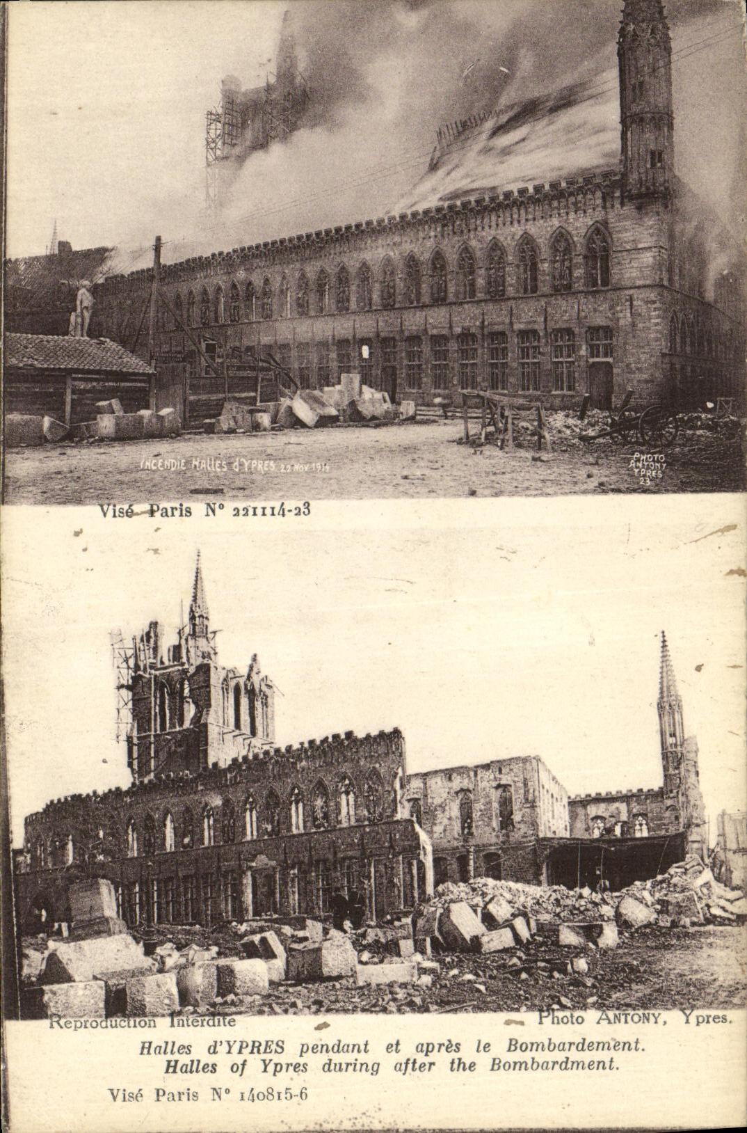 La POSTAL Militaria de la VENDIMIA pone D Ypres durante y despues del bombardeo