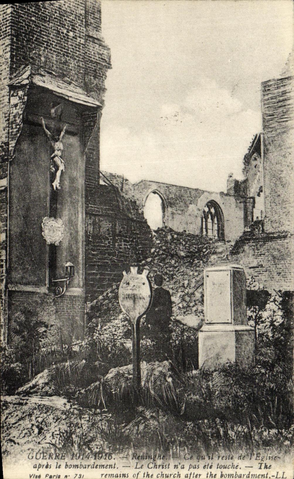 VINTAGE POSTCARD Militaria Reningue L church after el bombardment