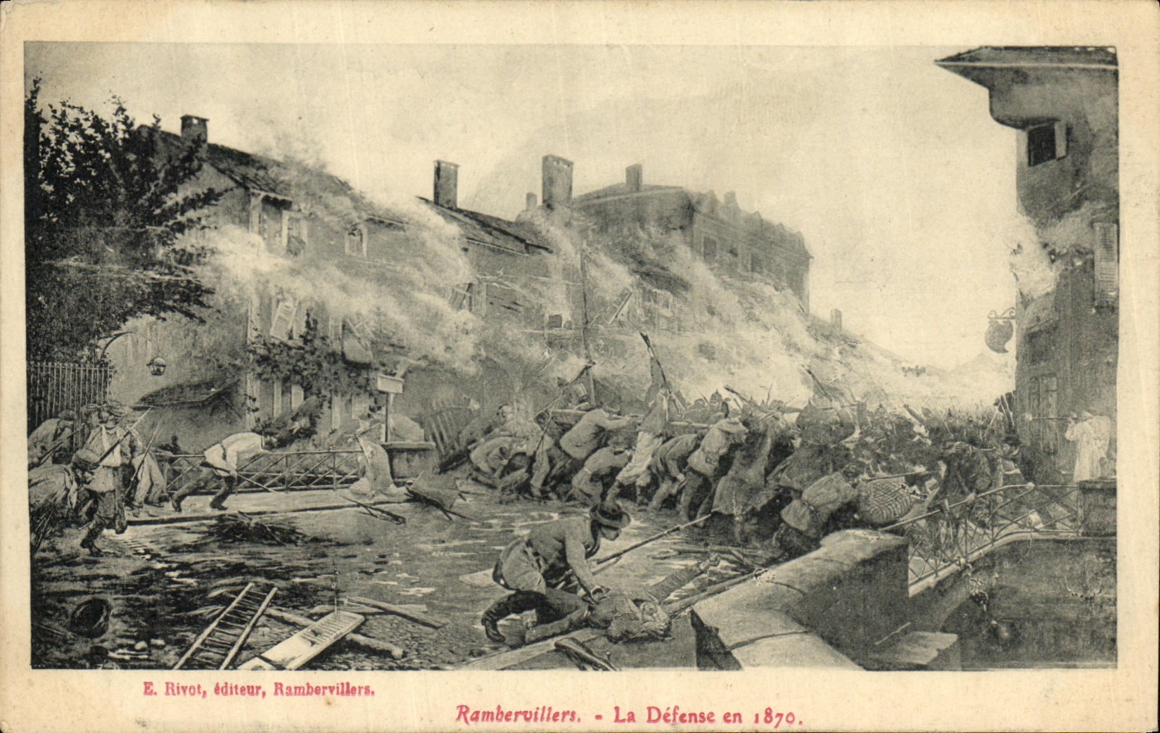 VINTAGE POSTCARD Militaria Rambervillers Defense in 1870