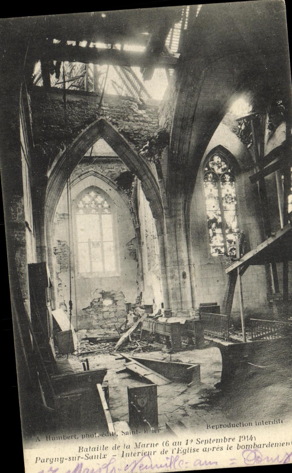 VINTAGE POSTCARD Militaria Pargny on Interior Saulx of L church after the bombardment