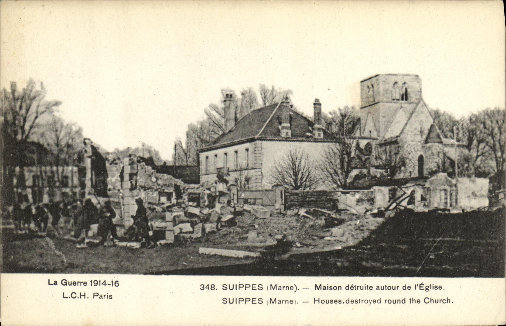 VINTAGE POSTCARD Militaria Suippes House destroyed around L Church