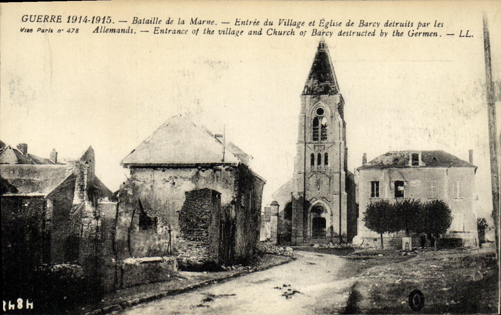 VINTAGE POSTCARD Militaria Guerre Battles of the Entered Marne of the Village and Eglise of Barcy