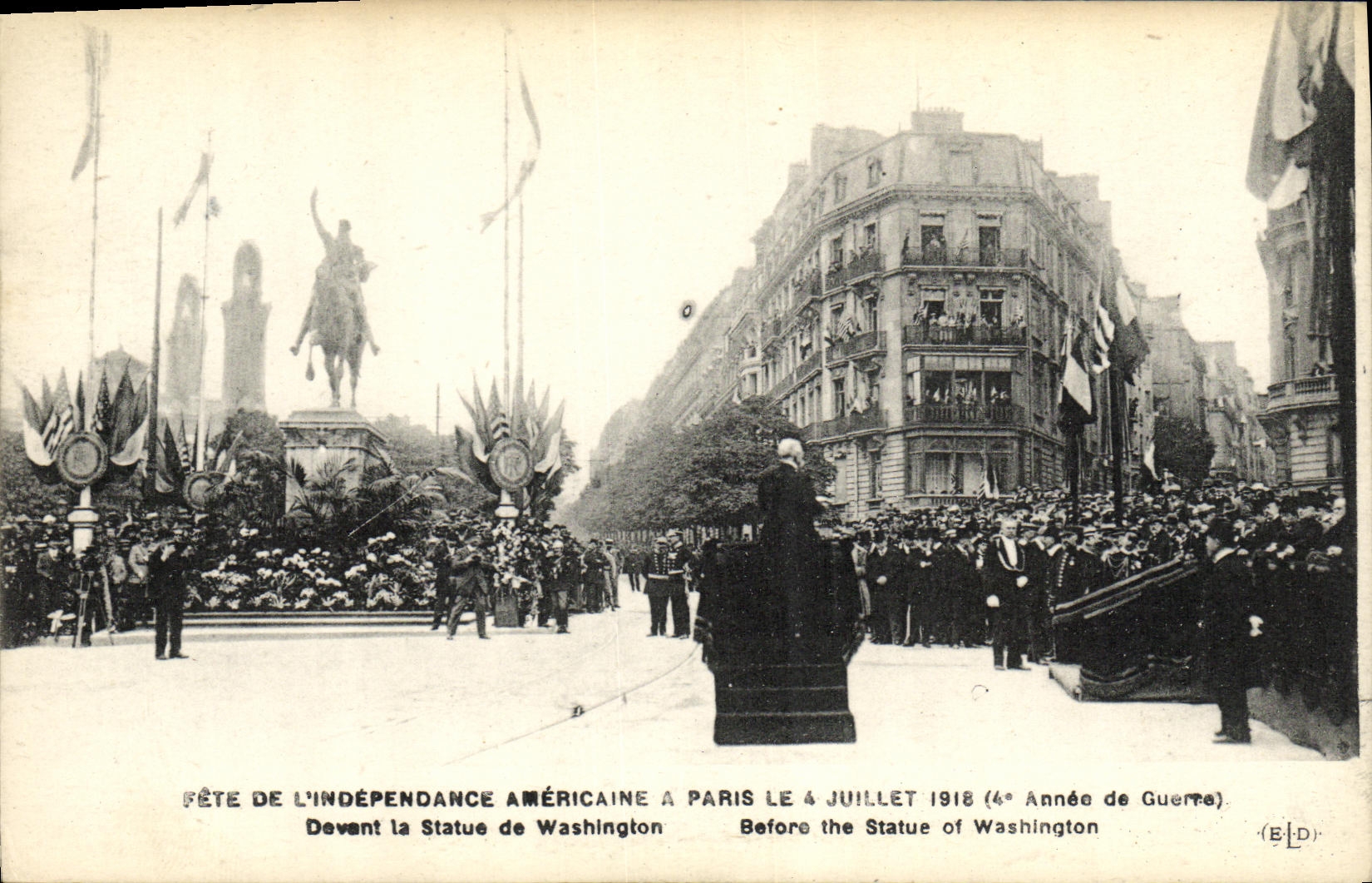 VINTAGE POSTCARD Militaria Fete L American Independence has Paris on July 14th 1918 In front of the Statue of Washington