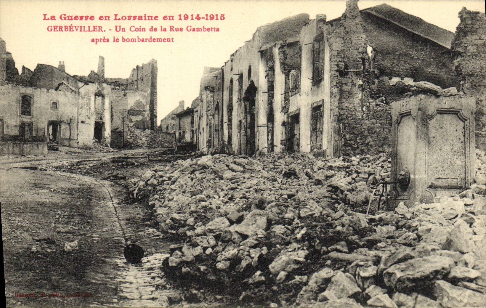 POSTAL Gerbeviller de la VENDIMIA una esquina de la calle Gambetta despues del bombardeo de Militaria