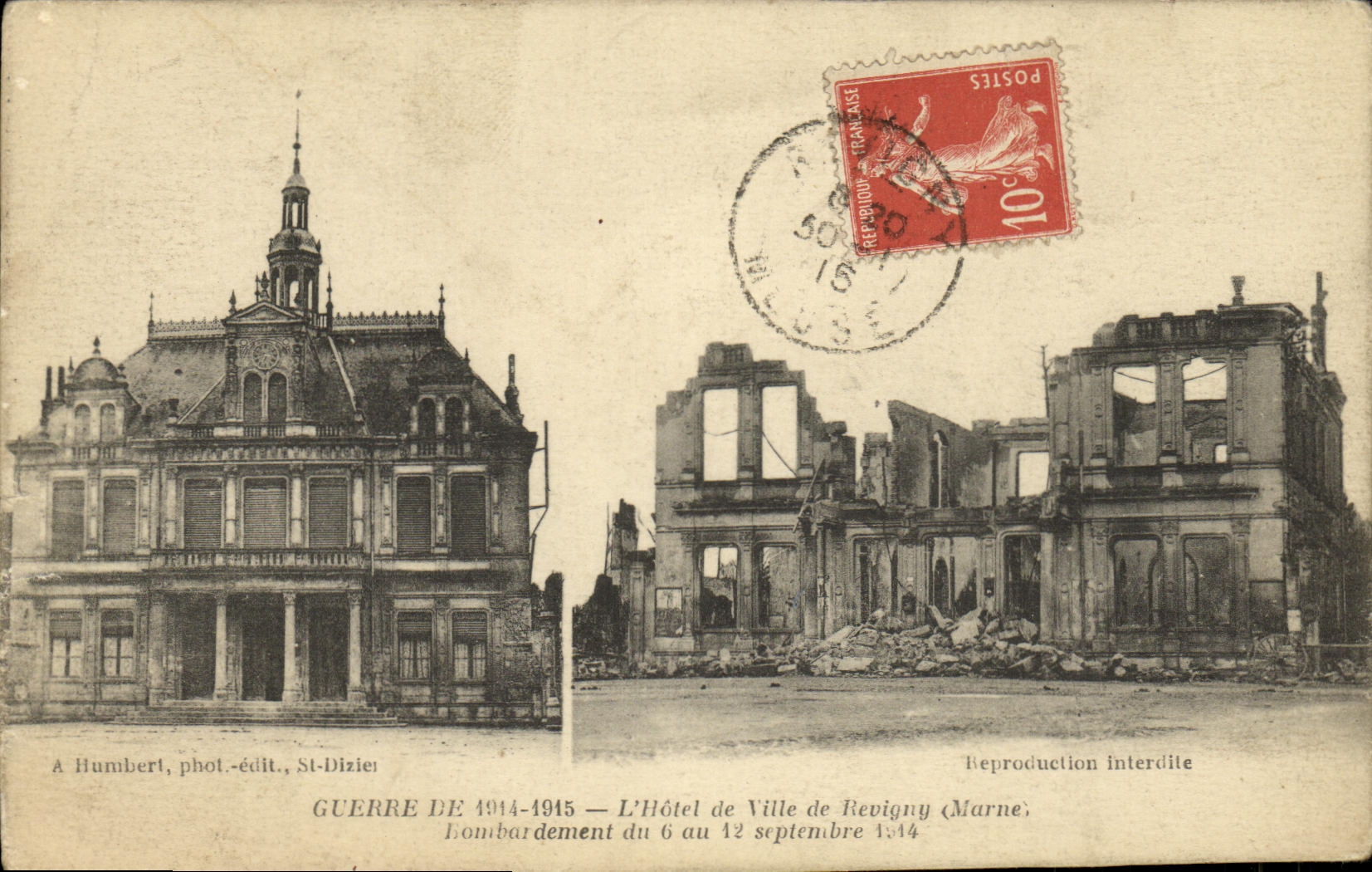 VINTAGE POSTCARD Militaria Town hall of Revigny Bombardment