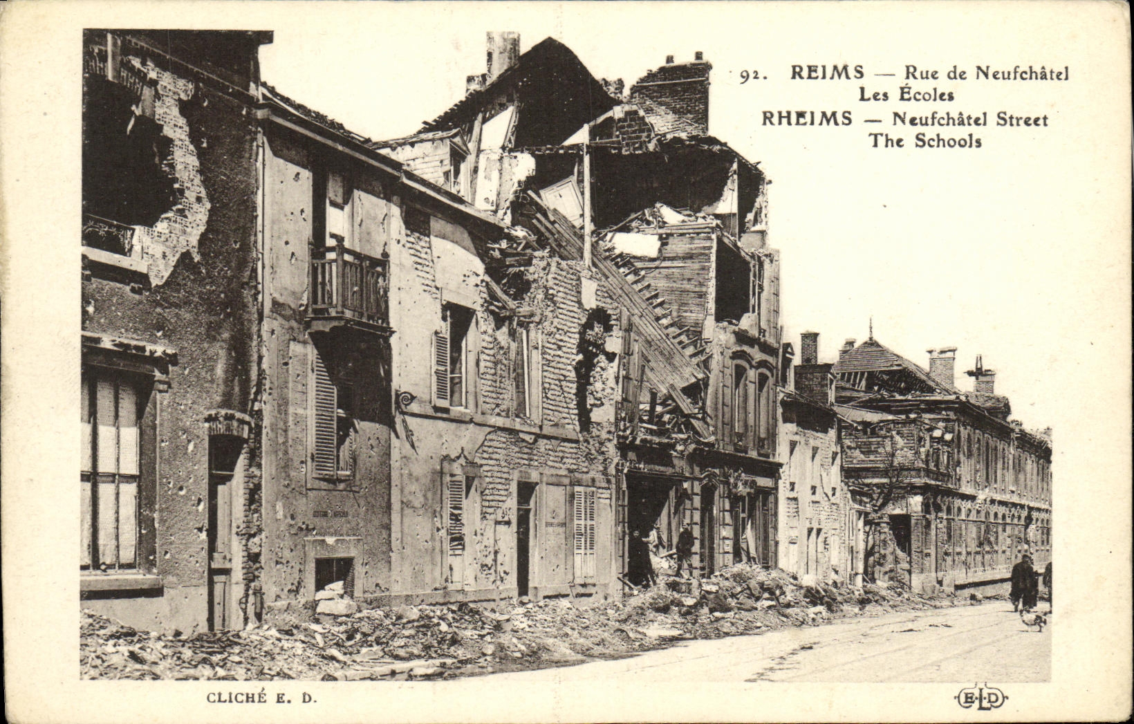 VINTAGE POSTCARD Militaria Rheims Street of Neufchatel Schools