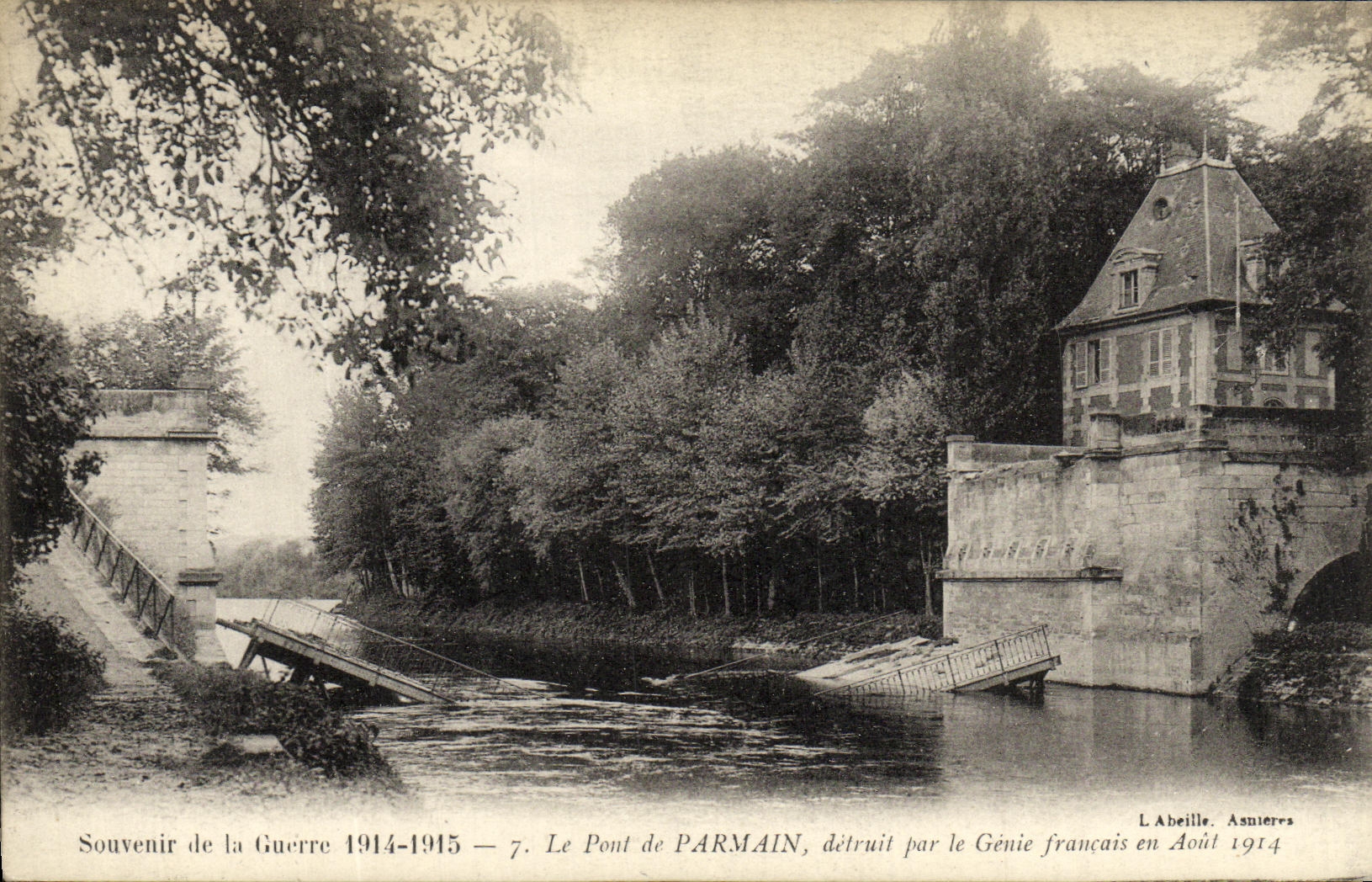 VINTAGE POSTCARD Militaria Memory of the war the Bridge of Parmain destroyed by the French genius