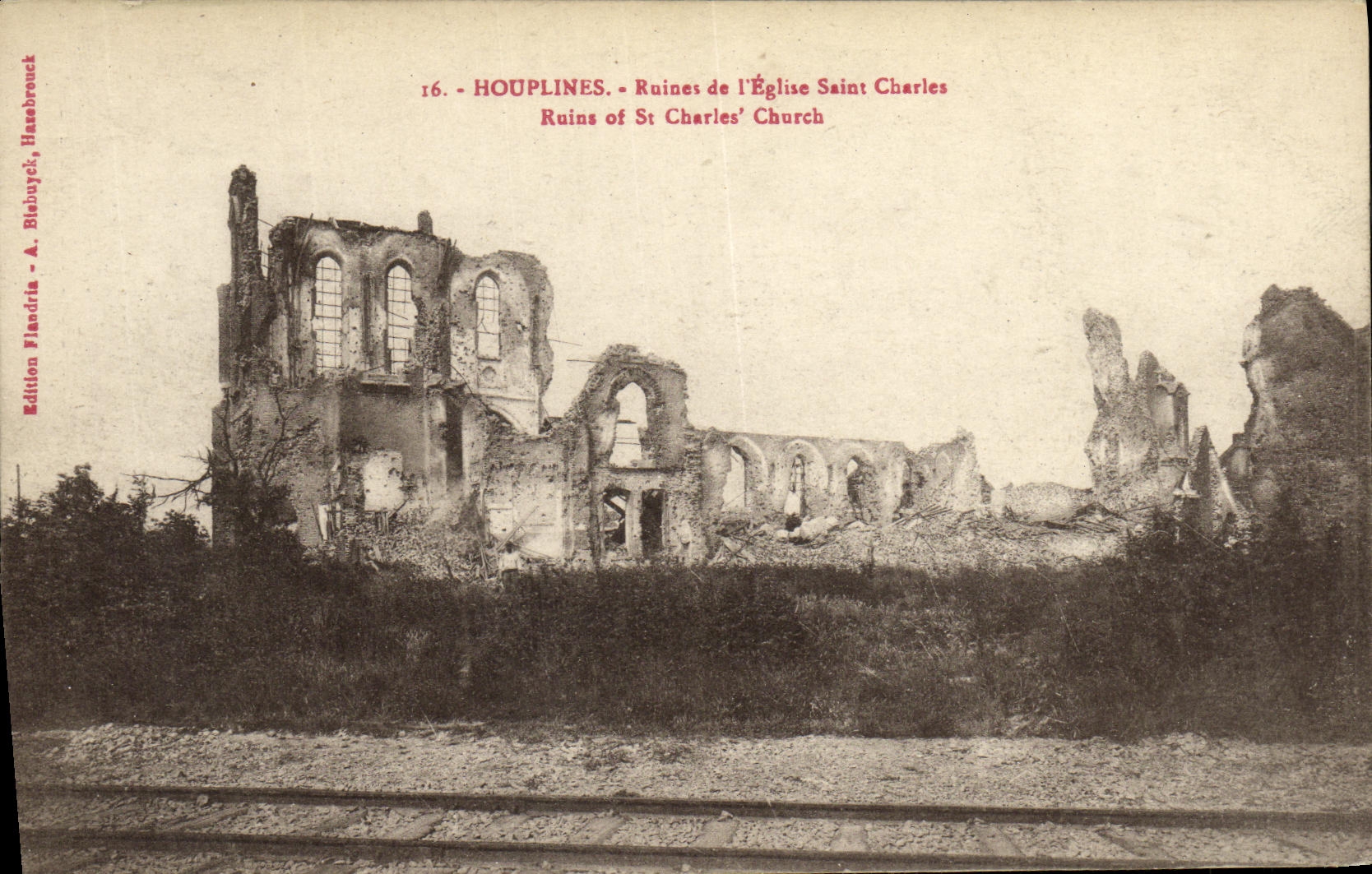 VINTAGE POSTCARD Militaria Houplines Ruins of L Church Saint Charles