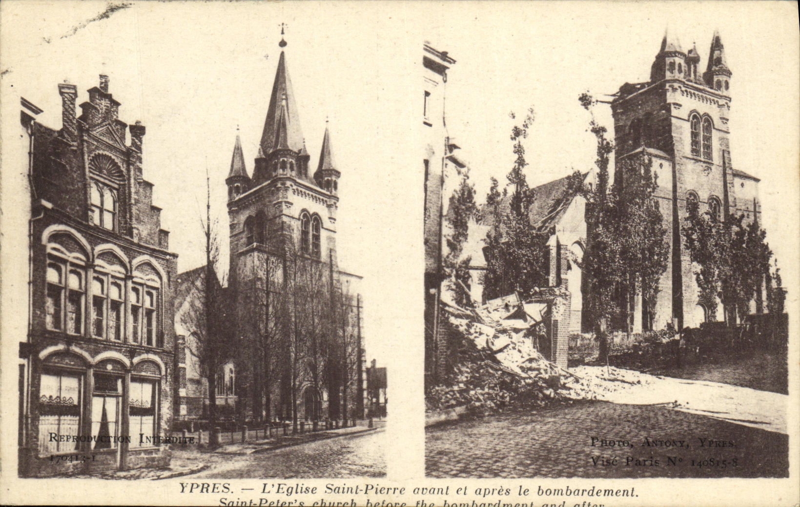 VINTAGE POSTCARD Militaria Ypres L Church Saint Pierre before and after the bombardment