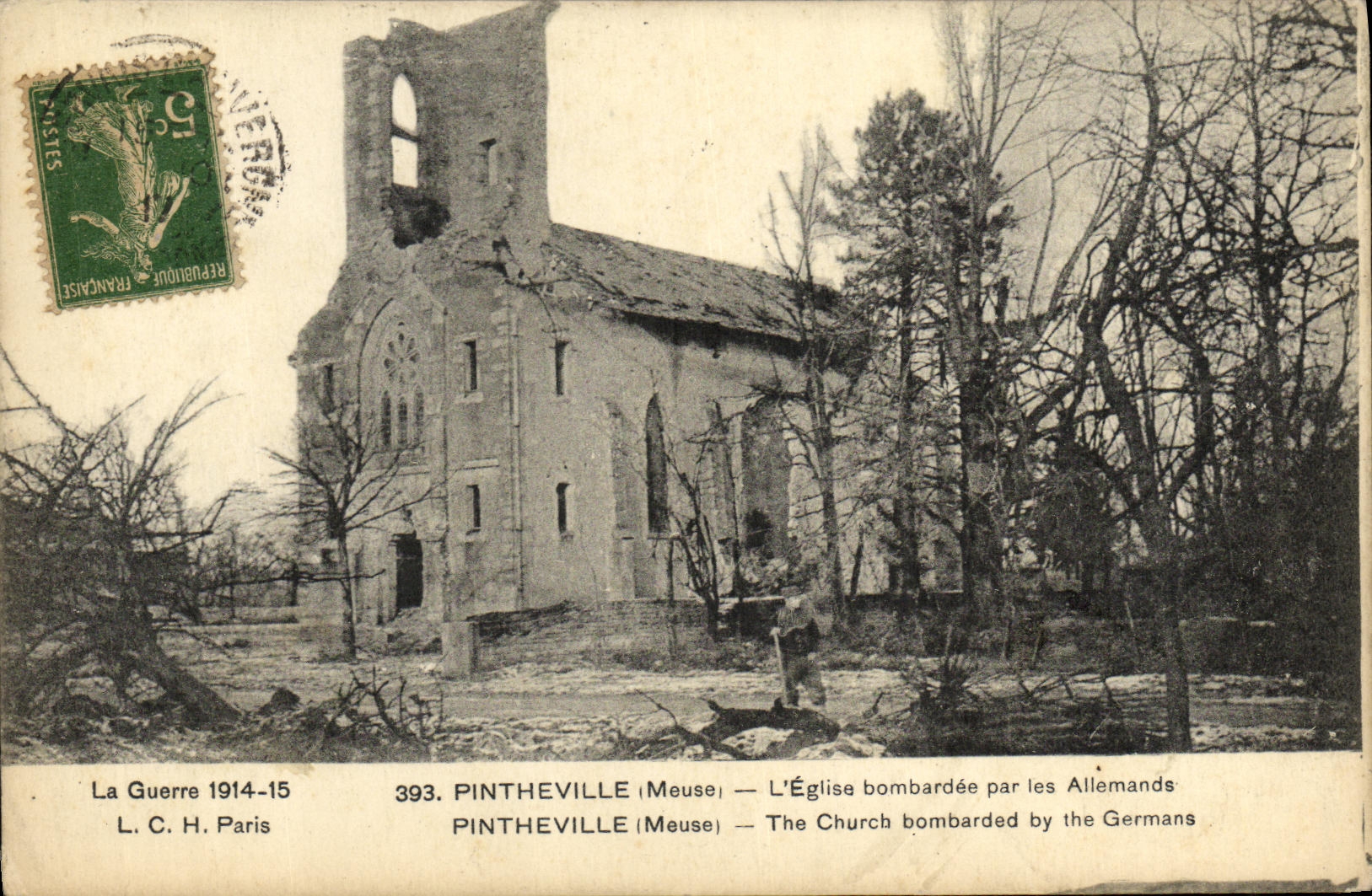 VINTAGE POSTCARD Militaria Pinthevillee L church bombardee by German