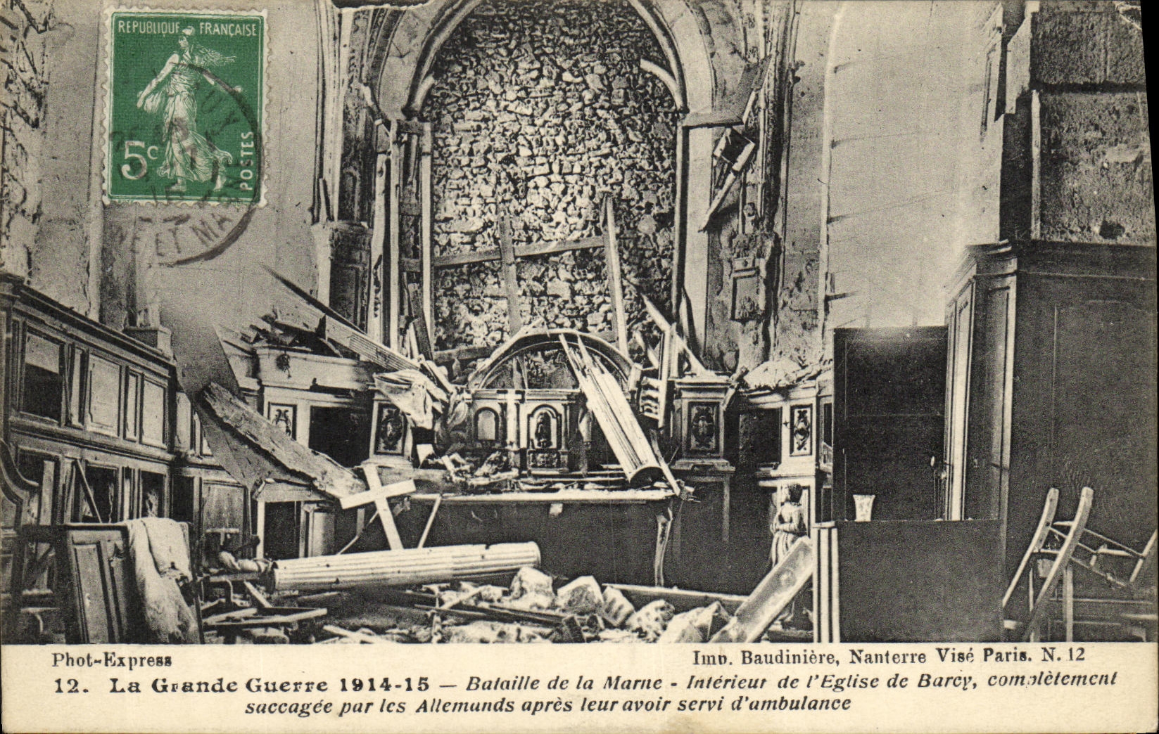 VINTAGE POSTCARD Militaria the Great War Battles of the Marne Interior of L Eglise of Barcy