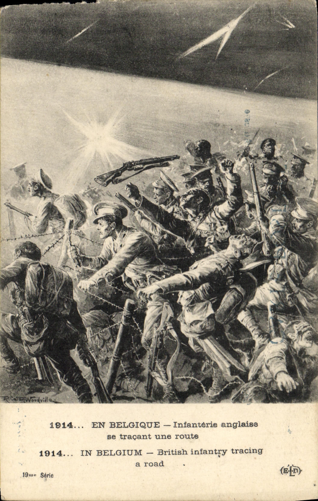 CPA Militaria en Belgique Infanterie anglaise se tracant une route