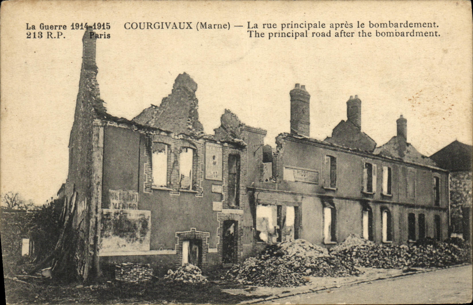 VINTAGE POSTCARD Courgivaux the main street after the Militaria Bombardment