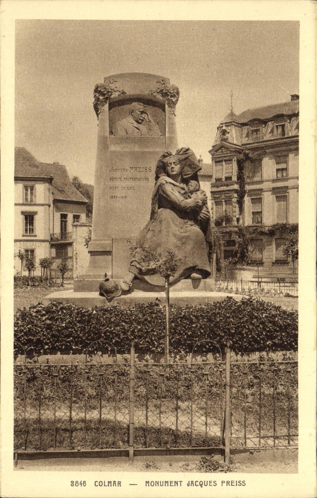 Monumento Jacques Preiss Alsacia de Colmar de la POSTAL de la VENDIMIA