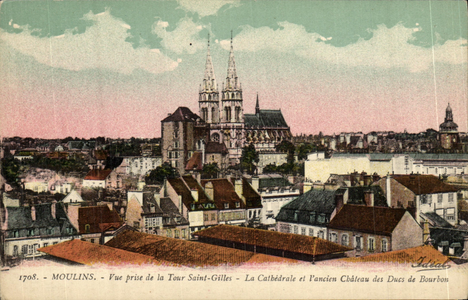 VINTAGE POSTCARD Moulins Seen from of the Tower Gilles Saint the Cathedral and L old castle of the Dukes of Bourbon