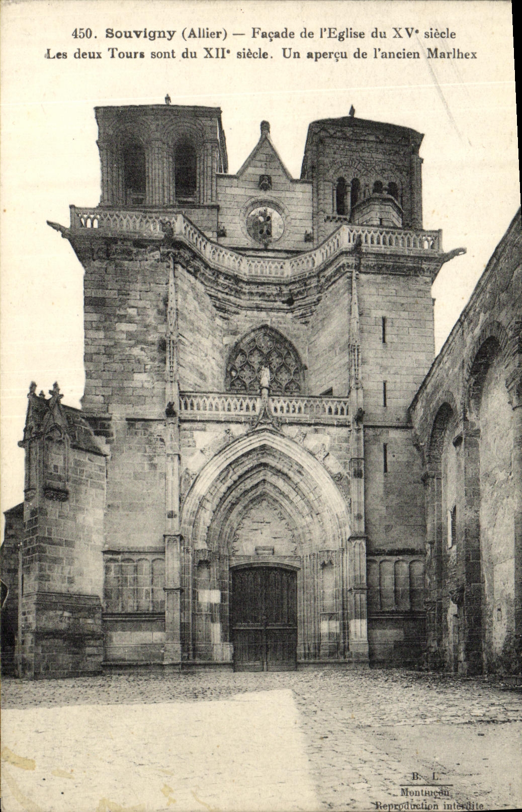VINTAGE POSTCARD Souvigny Frontage of L Church Two turns One seen of L old Marlhex