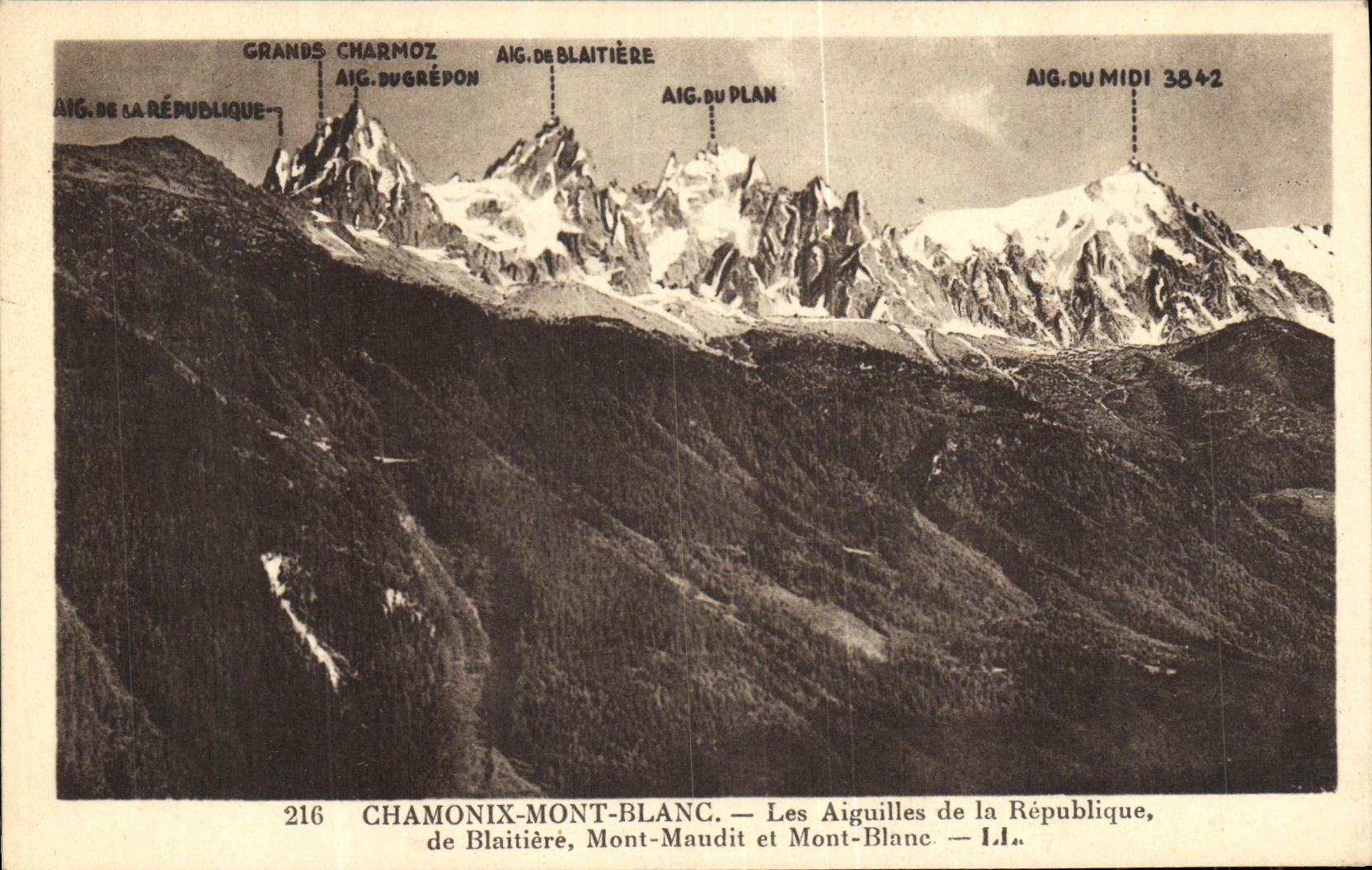 VINTAGE POSTCARD Chamonix Mont Blanc Needles of the Republic of Blaitiere Cursed Mount and Mont Blanc