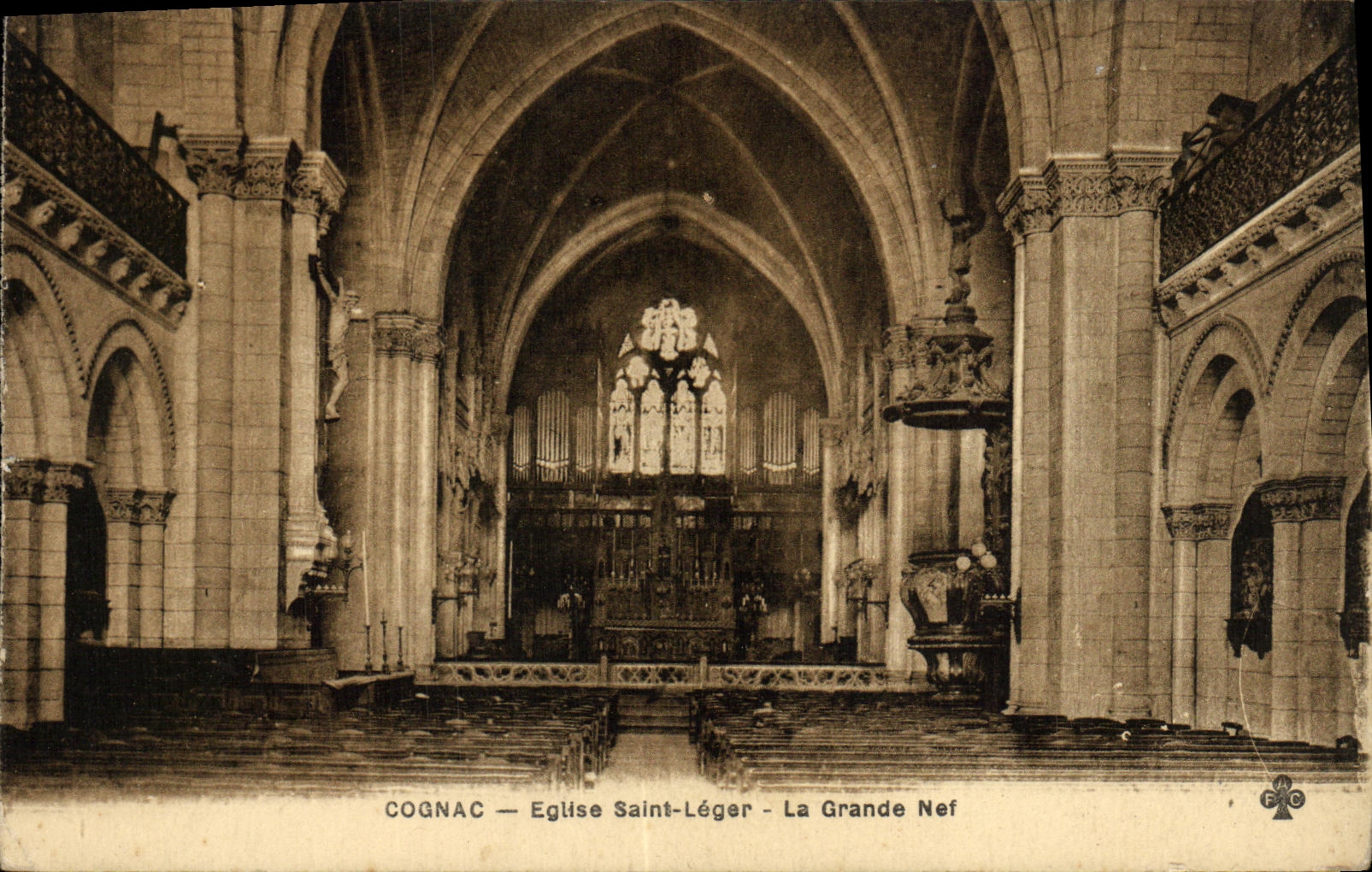 VINTAGE POSTCARD Cognac Church Light Saint the Great Nave Organ
