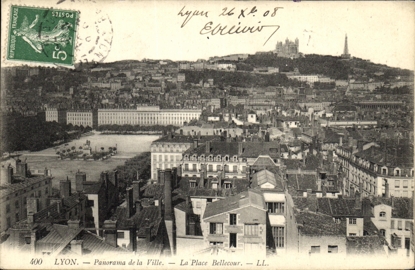 VINTAGE POSTCARD Lyon Panorama of the City the Bellecour Place