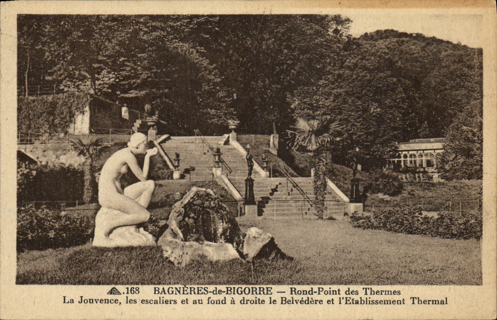 VINTAGE POSTCARD Bagneres de Bigorre Round Not of the Thermal baths Youth staircases on the right the View point and L therm establishment