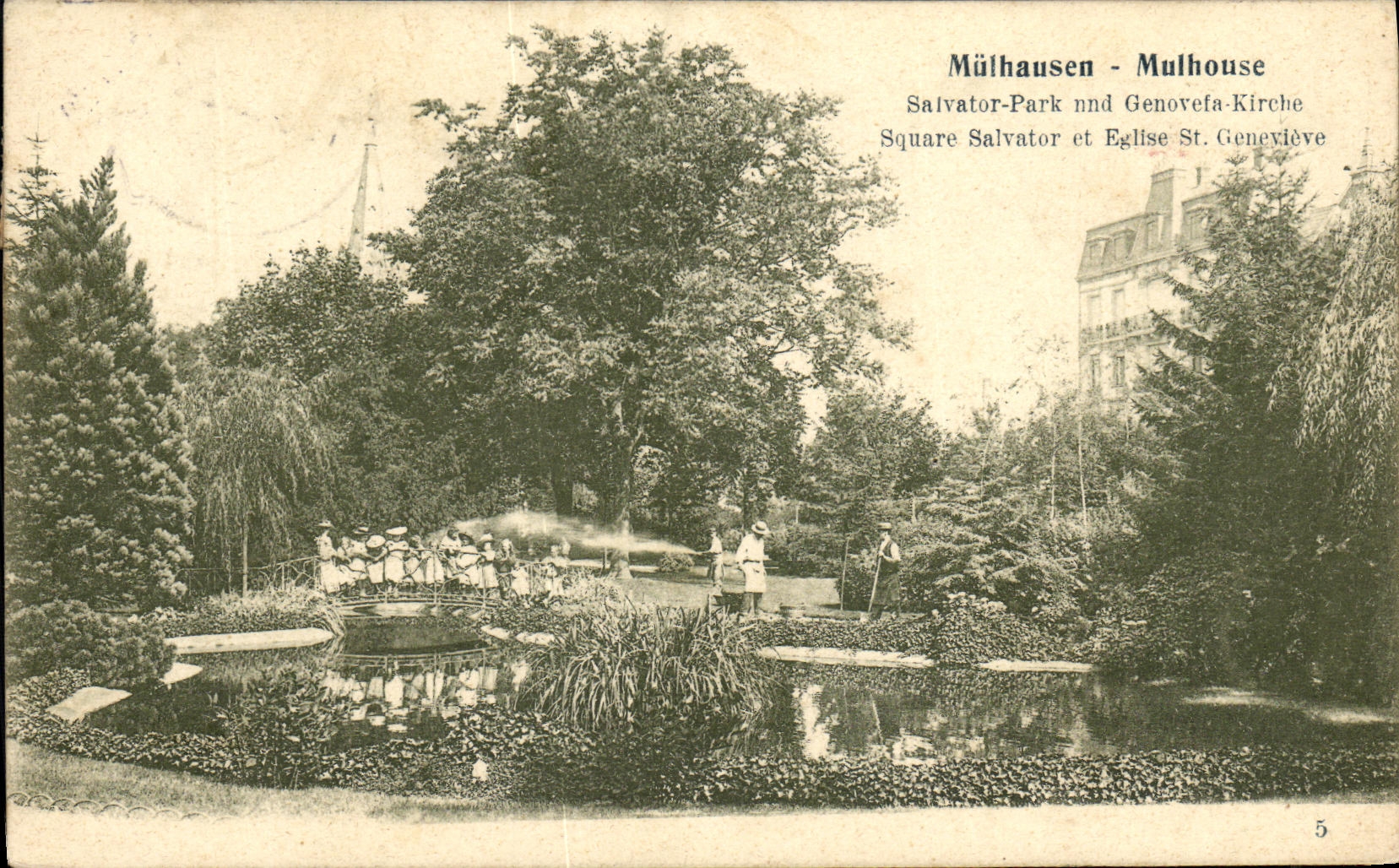 VINTAGE POSTCARD Mulhouse Salvator Public garden and Eglise St Genevieve Children