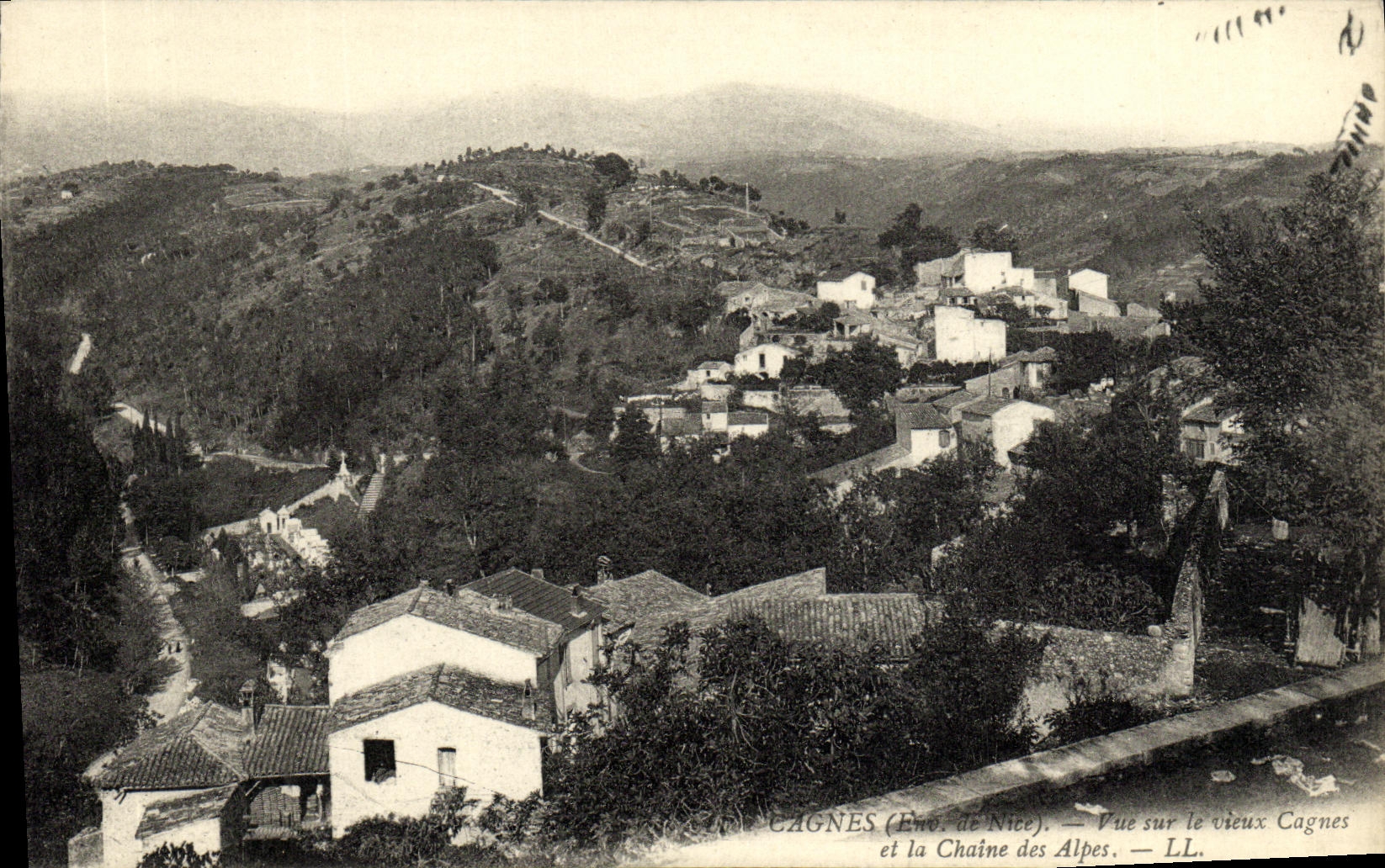 VINTAGE POSTCARD Cagnes Seen on the Canges Old man and the Alpine range