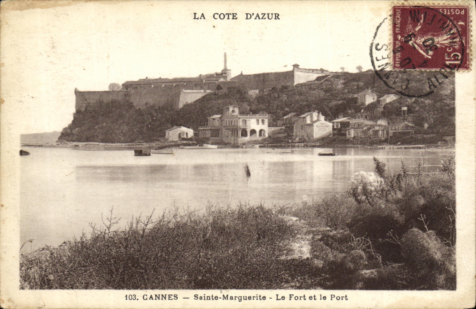 De la VENDIMIA de la POSTAL de Cannes margarita Sainte Fort y el puerto
