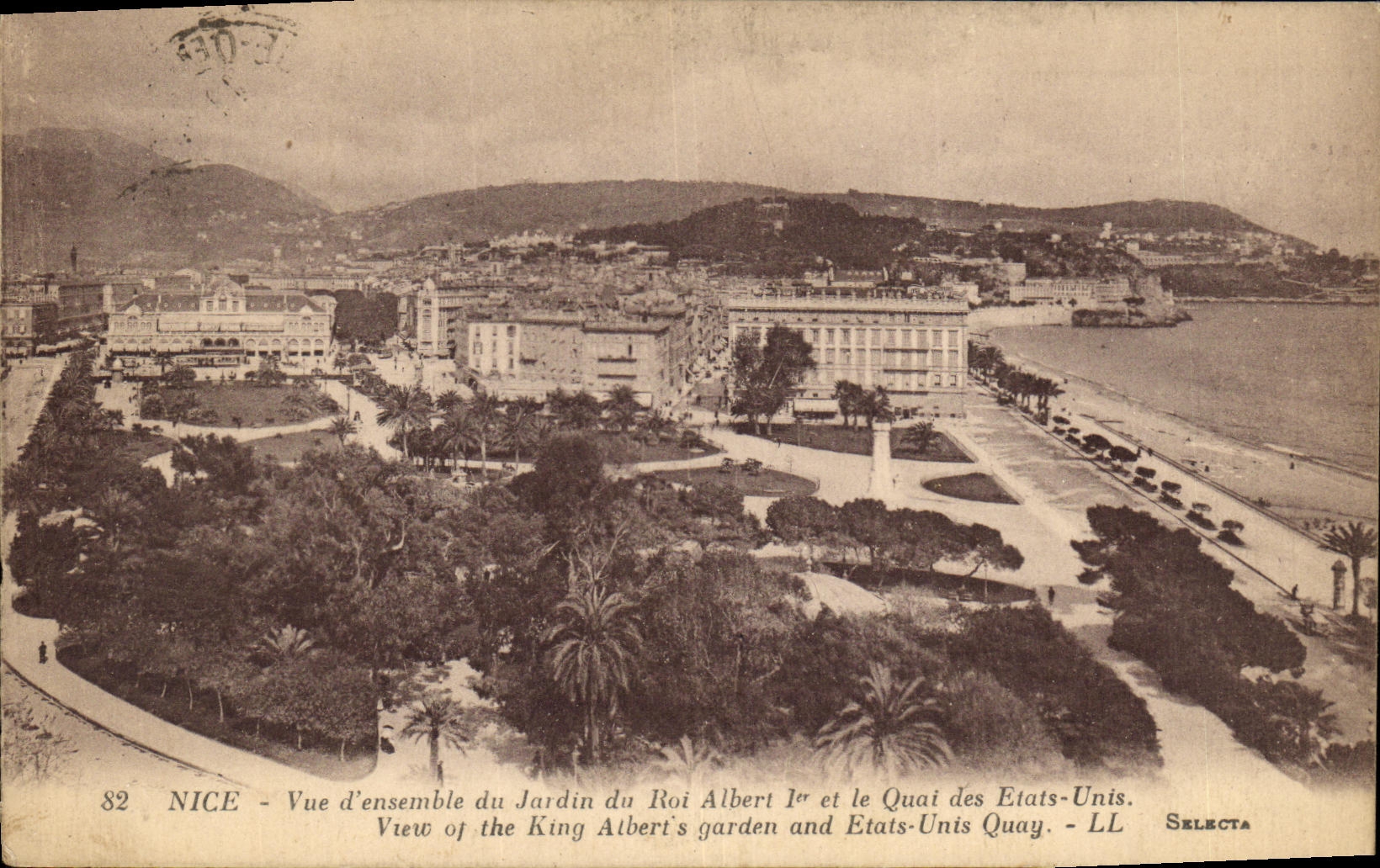 Jardin de la opinion de la POSTAL de la VENDIMIA Niza de rey Albert 1r y del Quay de los Estados Unidos