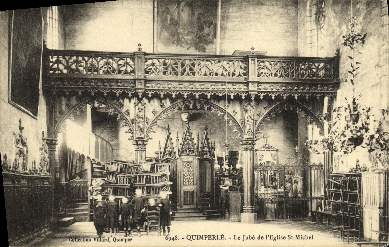 VINTAGE POSTCARD Quimperle Jube of L Church St Michel Children