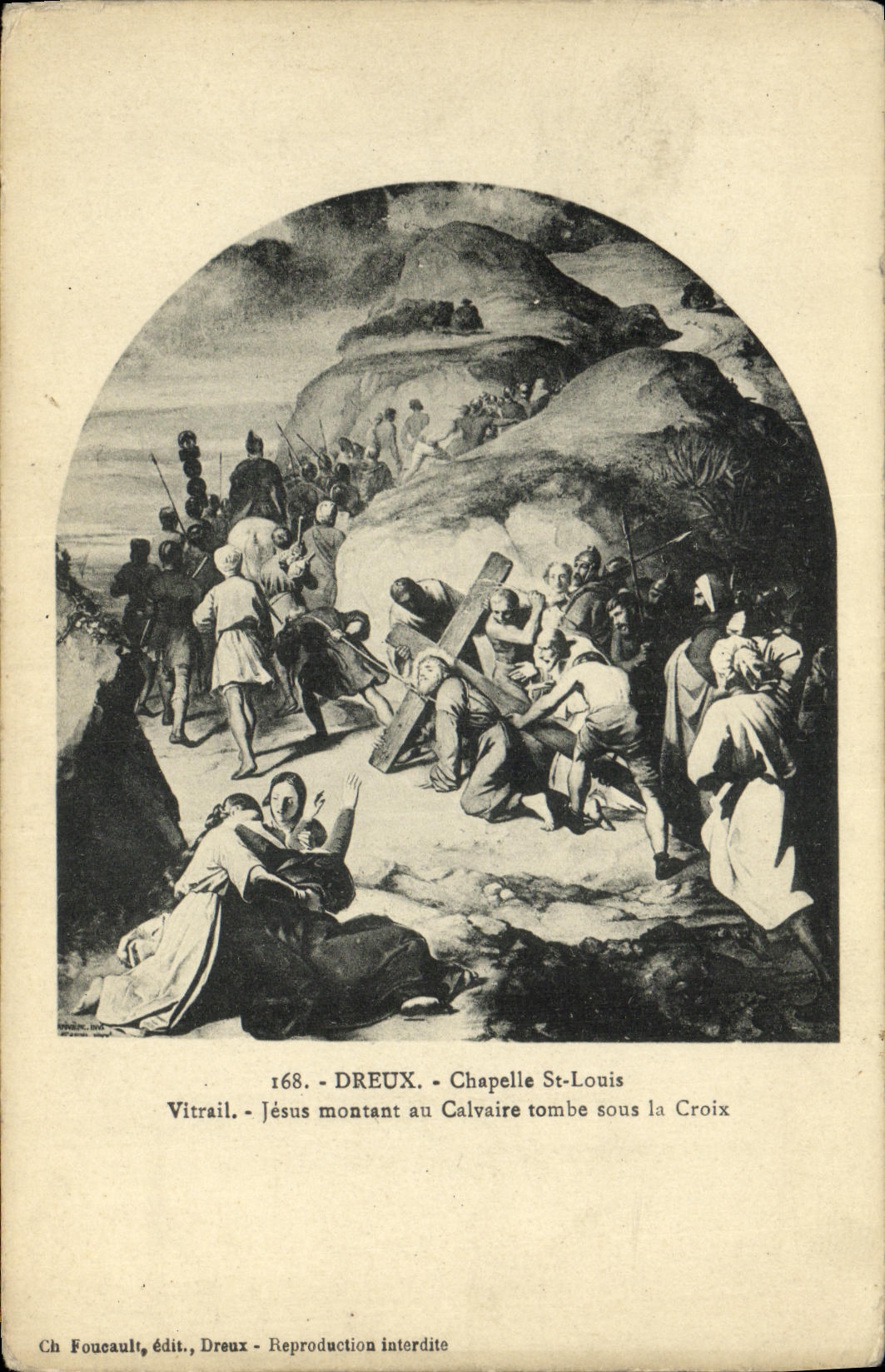 La POSTAL Dreux Chapelle St  Louis Vitrail Jesús de la VENDIMIA que se levanta con el martirio cae bajo cruz del Al